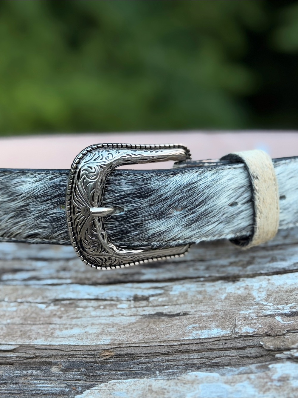 Hair-On Hide Belt with Engraved Silver Buckle - Black & White